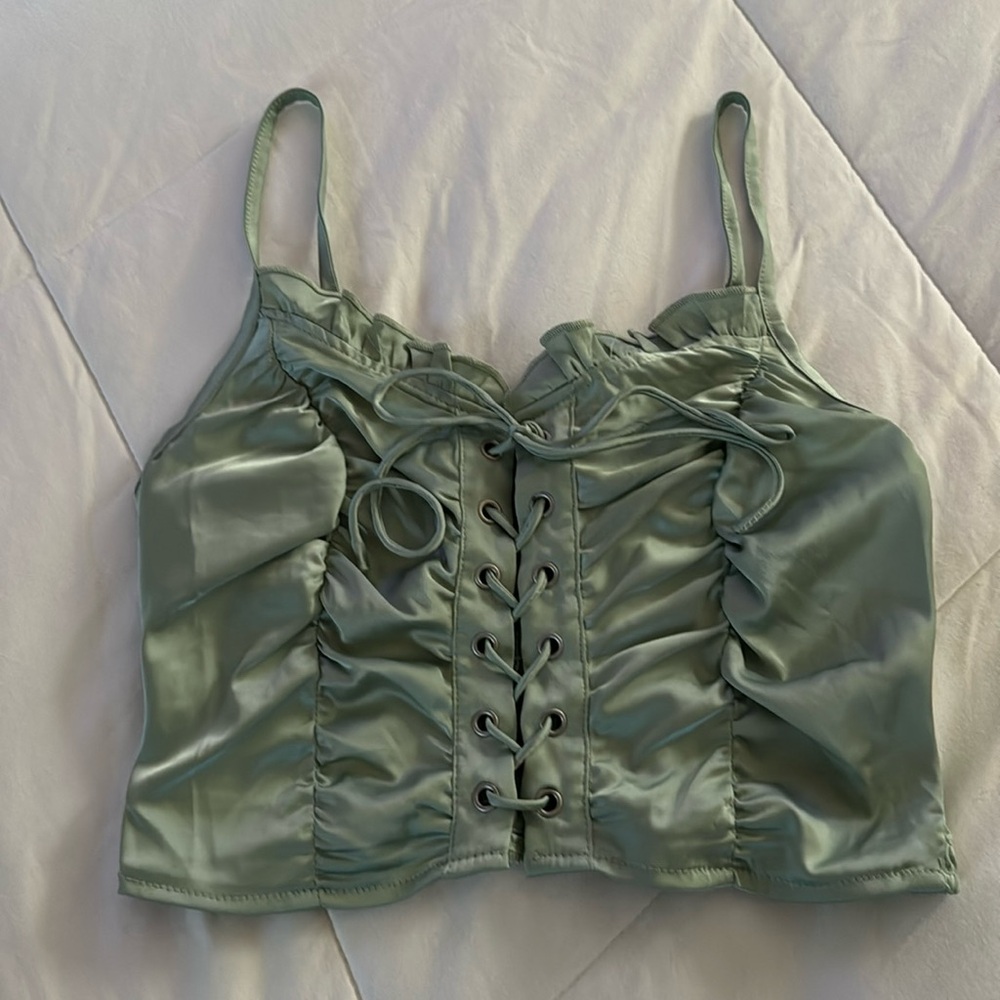 Cider Sage Green Satin Lace-Up Crop Top size Extra Small (stretchy)